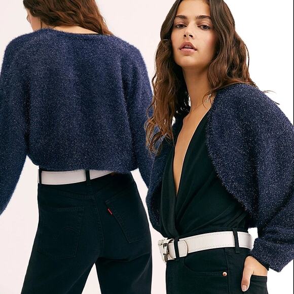 Free People Sweaters - Free People FP ONE Stardust Shrug Navy Blue Metallic Cardigan - M - New